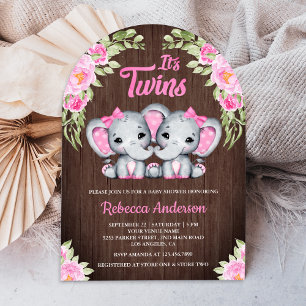Tvillingflickor Rosa Blommig Elefant Trä Babykalas Inbjudningar