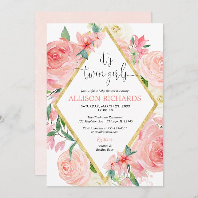 Tvillingflickor rosa guld blommigt vattenfärgsdusc inbjudningar (Fram/baksida)