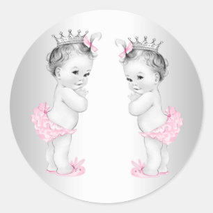 Tvillingflickor Rosa Prinsessa Baby Shower-dekaler Runt Klistermärke