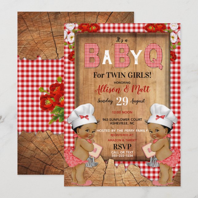 Tvillingflickor Rött Gingham Trä Baby Q Grill Inbjudningar (Fram/baksida)