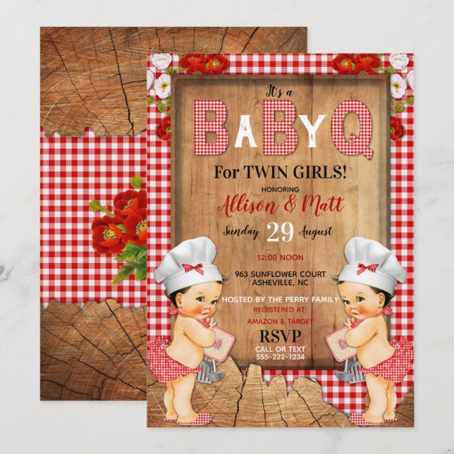 Tvillingflickor Rött Gingham Trä Baby Q Grill Inbjudningar (Fram/baksida)