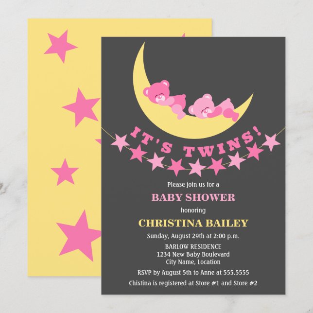 Tvillingflickor Teddybjörn Baby Shower Inbjudningar (Fram/baksida)