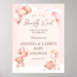 Tvillingflickor Teddybjörn Baby Shower Välkommen Poster