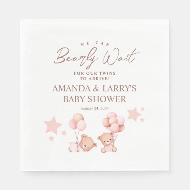 Tvillingflickor Teddybjörn Bebis Babyshower Välkom Pappersservett (Framsidan)