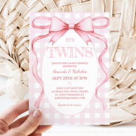Tvillingflickors Rosa Ribbon Bow Vintage Cute Cute Inbjudningar