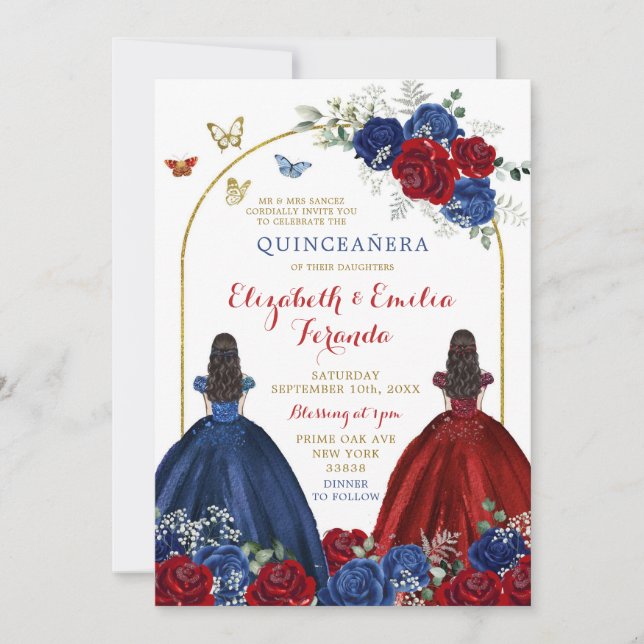 Tvillingflottans blå Röd ros-princesses Quinceañer Inbjudningar (Framsida)