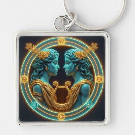 Tvillinggudinna-statyer med neoncirkel fyrkantig silverfärgad nyckelring