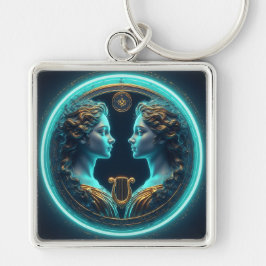 Tvillinggudinna-statyer med neoncirkel fyrkantig silverfärgad nyckelring