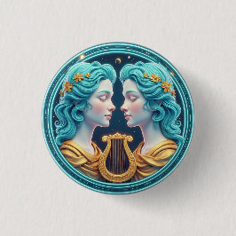 Tvillinggudinna-statyer med neoncirkel knapp