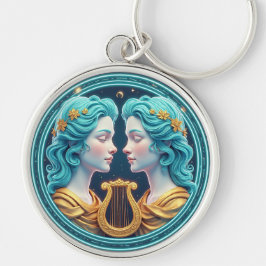 Tvillinggudinna-statyer med neoncirkel rund silverfärgad nyckelring