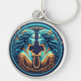 Tvillinggudinnestatyer av Gemini med neoncirkel Rund Silverfärgad Nyckelring
