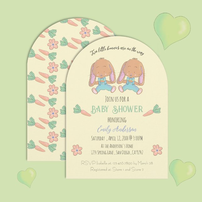 Tvillingkaniners valv gula baby shower-inbjudan inbjudningar (Cute twin bunnies arched baby shower invitation .)