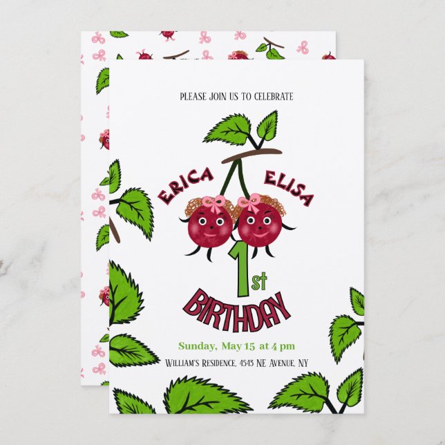 Tvillingkörsbärsbrudar Inbjudningar (Fram/baksida)