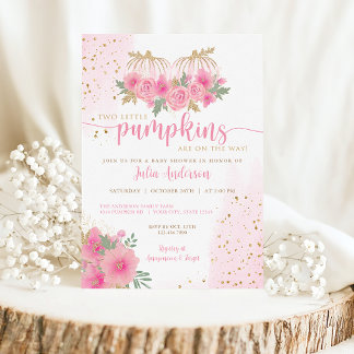 Tvillingpipa för Rosa och Guld Pumpkin Baby Showe Inbjudningar