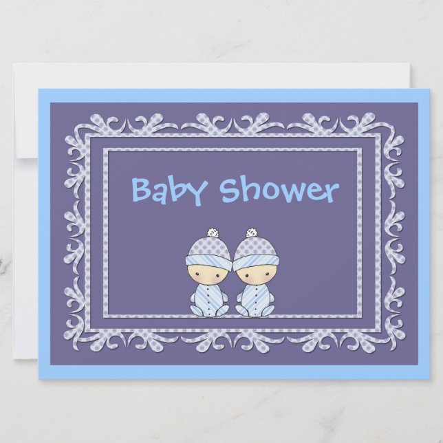 Tvillingpojkar Baby Shower Inbjudan Blå (Framsida)