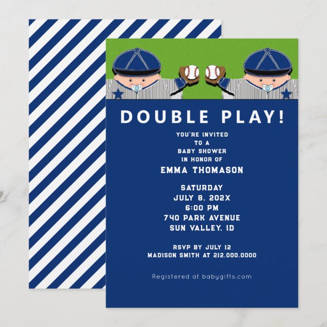 Tvillingpojkar baseball baby shower inbjudningar (Fram/baksida)