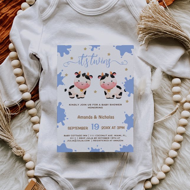 Tvillingpojkar Blå Ko Baby Shower Boho Inbjudningar (Skapare uppladdad)