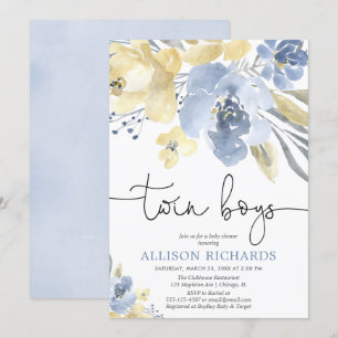 Tvillingpojkar Dusty Blue gult blommigt babydusch Inbjudningar
