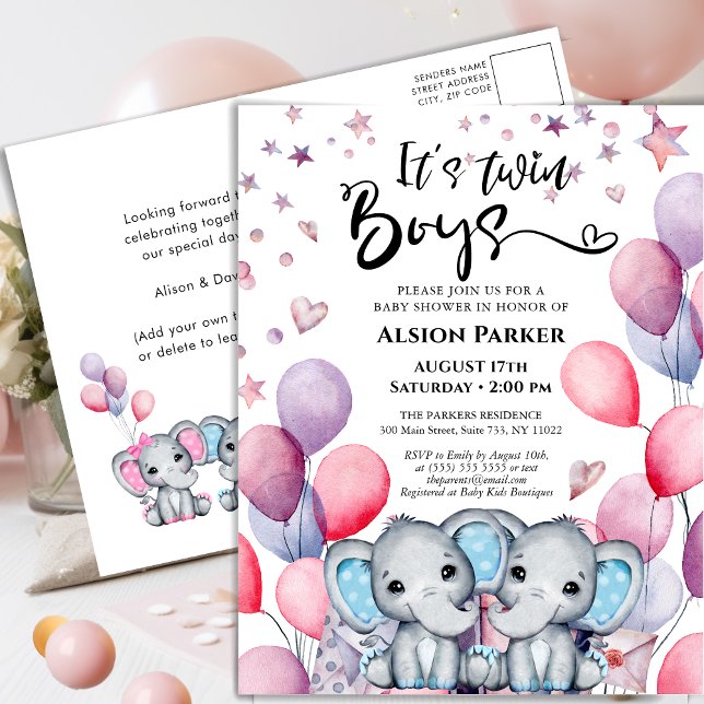 Tvillingpojkar Elephant Blue Balloons Cute Baby Sh Inbjudan Vykort (Skapare uppladdad)