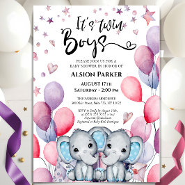 Tvillingpojkar Elephant Blue Balloons Cute Baby Sh Inbjudningar