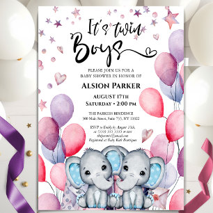 Tvillingpojkar Elephant Blue Balloons Cute Baby Sh Inbjudningar
