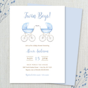 Tvillingpojkar med blå barnvagnar Baby Shower Inbjudningar