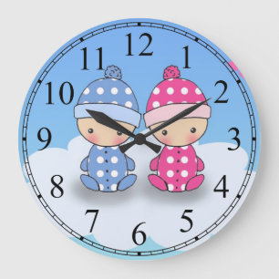 Tvillingpojke och -flicka Baby Polka Dot Väggklock Stor Klocka