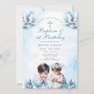 Tvillingpojke och flicka Baptism och första födels Inbjudningar