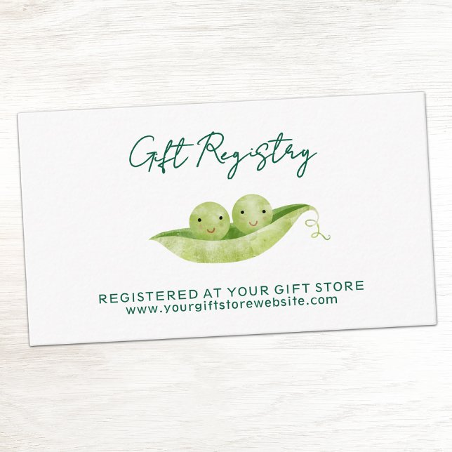 Tvillingpresentregistrering för babyfirande tilläggskort (Two peas in a pod twin baby shower gift registry enclosure card)