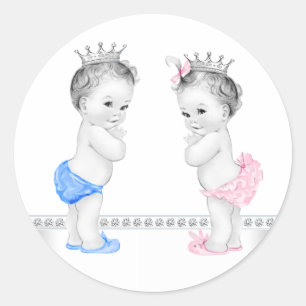 Tvillingprins- och prinsessbabyshower-dekaler runt klistermärke