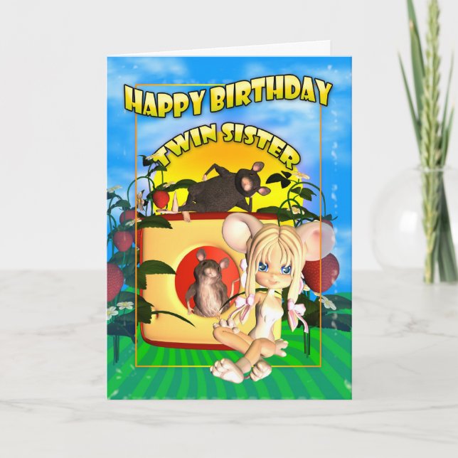 Tvillingsister Birthday Card cutie paj mus med mi Kort (Framsida)