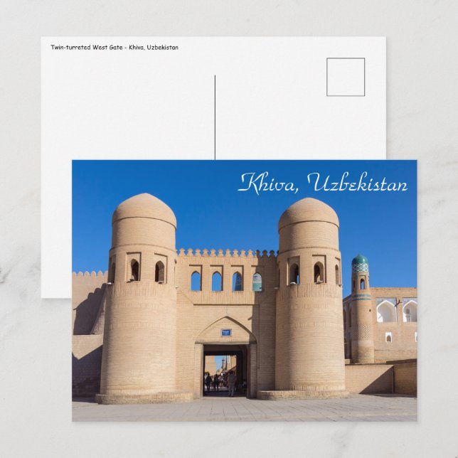 Tvillingtornad västra port - Khiva, Uzbekistan Vykort (Fram/baksida)