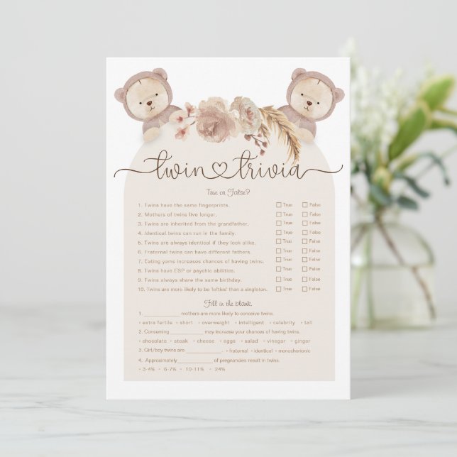 Tvillingtrivia Spelet Vattenfärg Boho Bear Baby Sh Inbjudningar (Stående Fram)
