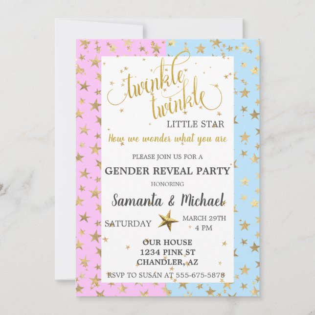 Tvillinkle Star Guld Metallic Gender Reveal Party Inbjudningar (Framsida)