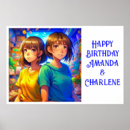 Tvillins Grattis på födelsedagen-banderoll Anime T Poster
