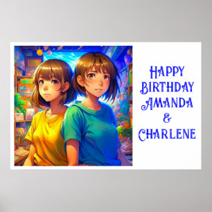 Tvillins Grattis på födelsedagen-banderoll Anime T Poster