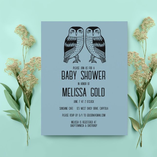Tvinga Uggla Cute Simple Chic BABY SHOWER ANPASSNI Inbjudan Vykort (Cute twin owls decorate this custom baby shower invitation postcard. Add your own text)