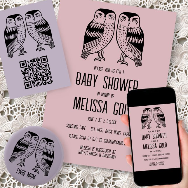 Tvinga Uggla Cute Simple Chic BABY SHOWER ANPASSNI Inbjudningar (Twin owls custom baby shower invitation - digital or print. Matching thank you notes, enclosure card)