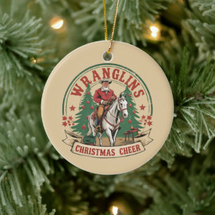 Tvingande julglädje Cowboy Tomte Häst Ridning Julgransprydnad Keramik