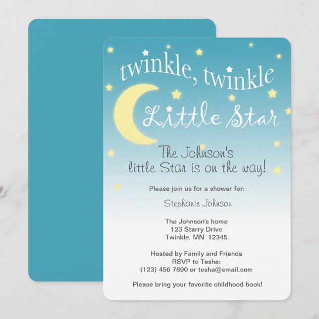 Tvinklad Twinkle Little star teal och vit Inbjudningar (Fram/baksida)