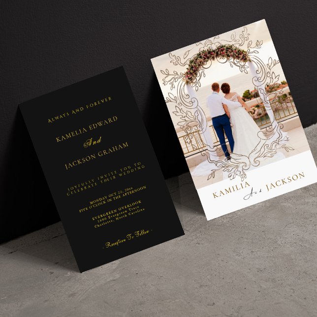 Tvudelad roséguld svart baksida minimalistisk vigs inbjudningar (Black And Gold)