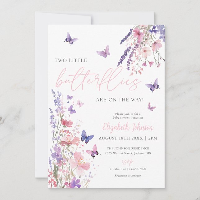 Tw Little Butterflies Floral Twins Baby Shower Inbjudningar (Framsida)