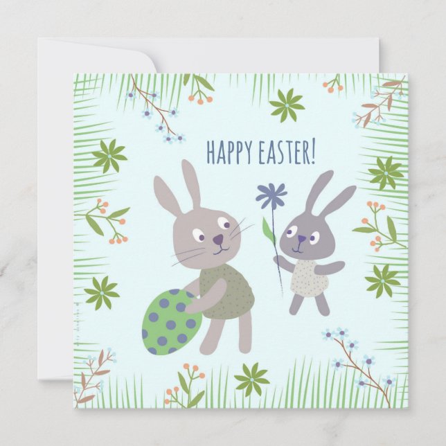 Twee paashaasjes met ei en bloem. kort (Framsida)