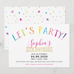 TWEEN-FÖDELSEDAGSFESTEN ljusa färger låt oss party Inbjudningar