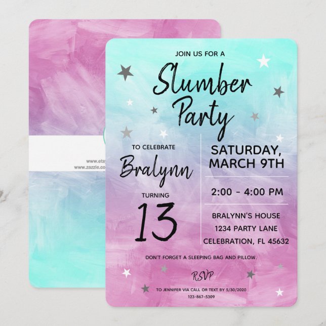 Tween Girl Birthday Slumber Party Watercolor Inbjudningar (Fram/baksida)