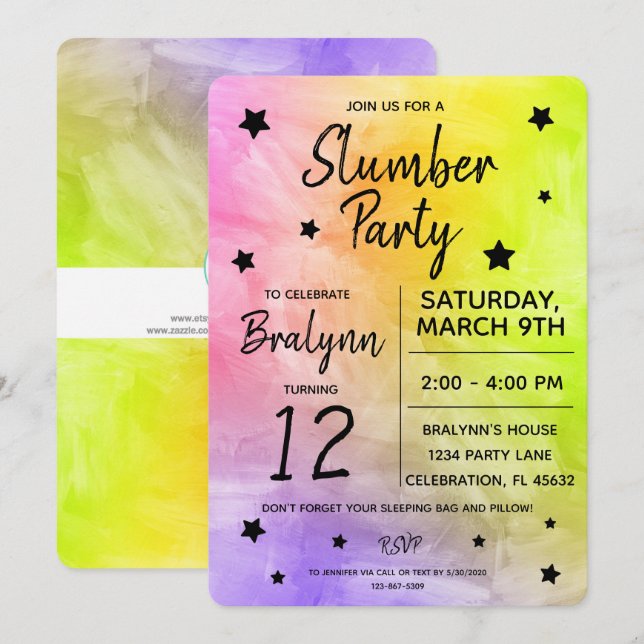 Tween Girl Birthday Slumber Party Watercolor Inbjudningar (Fram/baksida)