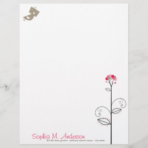 Tweet Bird and Whimsical Cute Bloom Träd Rosa Dots Brevhuvud