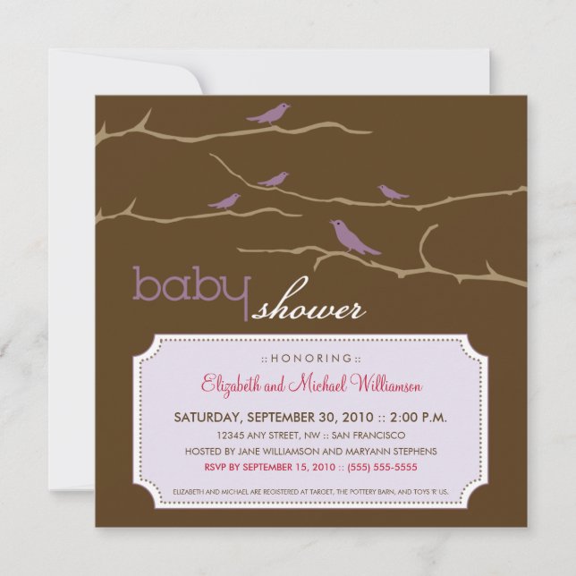 Tweet!Tweet! Inbjudan till babyskor (lavender) (Framsida)