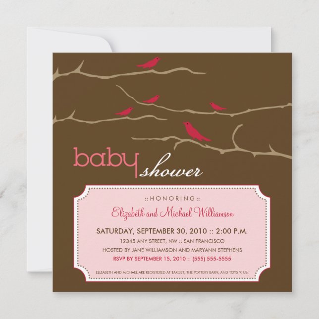 Tweet!Tweet! Inbjudan till babyskor (rosa) (Framsida)