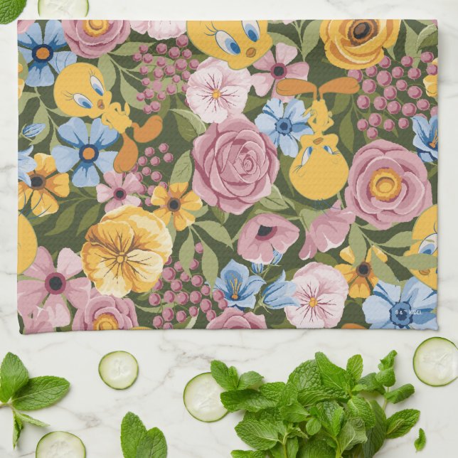 TWEETY™ Blommigt Broderimönster Kökshandduk (Vikta)